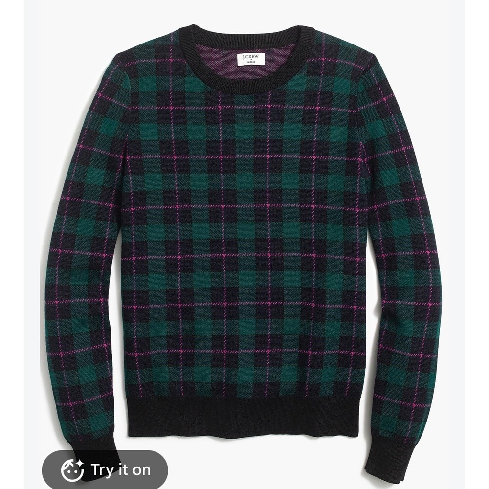 J.Crew Teddie Sweater Womens Large Green Black Pink Plaid Cotton Knit Crewneck